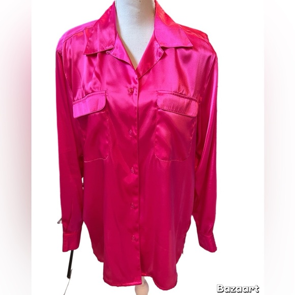 Notations Hot Pink Blouse Long Sleeve V Neck Front Pockets Size M - Picture 1 of 4